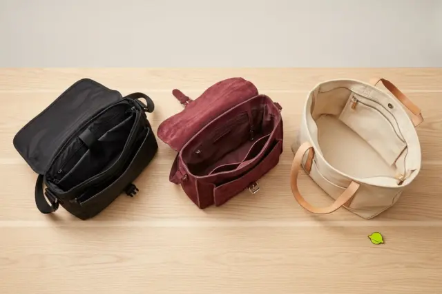 An overhead flat lay of three distinct work bags—a sleek black nylon messenger, a soft burgundy suede satchel, and a spacious beige canvas tote—laid open with various empty compartments visible on a l