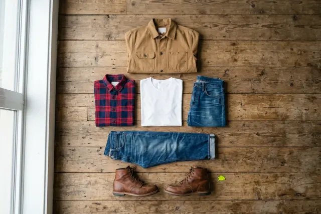 An overhead flat lay displays a white cotton t-shirt, a red and navy plaid flannel shirt, a tan canvas chore jacket, mid-wash straight-leg jeans, and brown leather boots, all neatly arranged on a rust