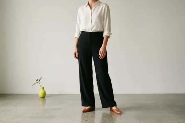 From shoulders down, a person wears an ivory silk-blend button-down shirt fully tucked into black wide-leg trousers, with sleeves casually rolled, paired with cognac pointed-toe flats on a polished co