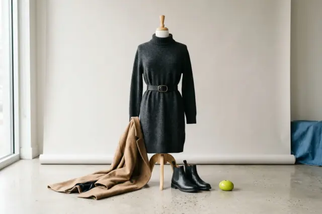 A charcoal merino sweater dress cinched with a black leather belt on a white dress form, with black leather ankle boots and a camel wool-blend coat resting on a polished concrete floor.