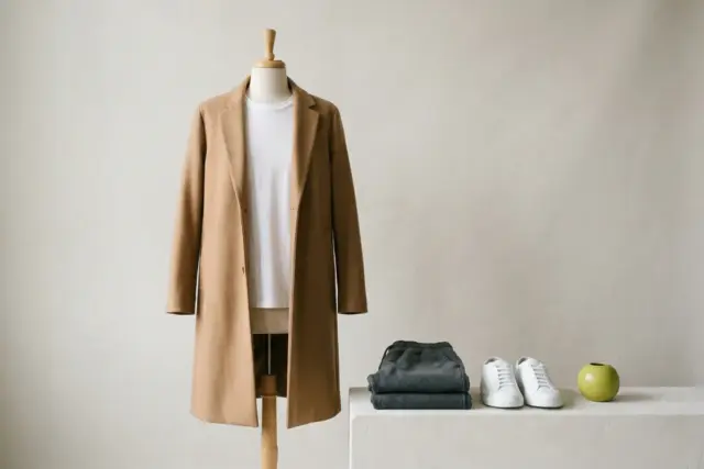 A neutral dress form displays an open camel wool coat over a white cotton crewneck t-shirt, with charcoal gray fleece joggers neatly folded on a minimalist surface beside crisp white leather sneakers.