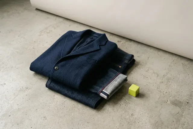 A close-up shot details the textured navy wool-hopsack fabric of a blazer laid atop dark indigo selvedge jeans, showcasing the selvedge edge on a concrete surface.