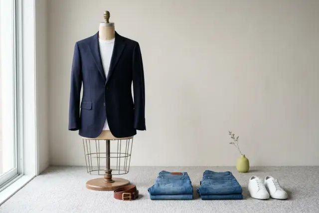 A dress form elegantly displays a navy wool blazer over a white cotton t-shirt, while two distinct pairs of mid-wash straight-leg denim jeans are neatly folded on the light grey carpeted floor beside
