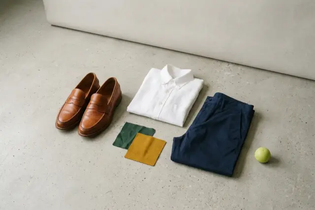 Cognac leather loafers and a folded navy cotton chino lay on a light gray concrete floor, accompanied by a crisp white linen shirt and small swatches of forest green and mustard yellow fabric.