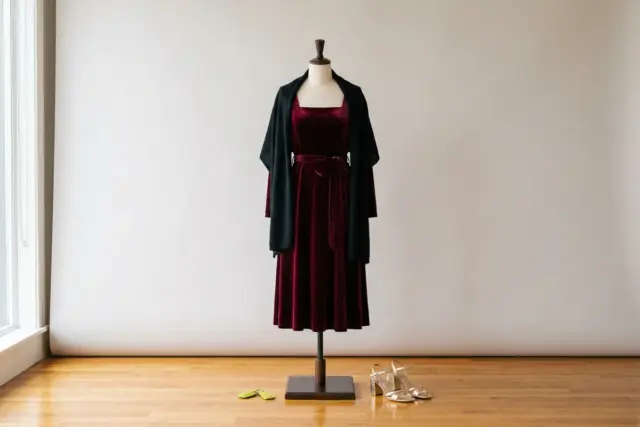 A burgundy velvet midi dress hangs elegantly on a cream dress form, accented by a draped black pashmina and gold block-heel sandals resting on a polished wooden floor beside it.