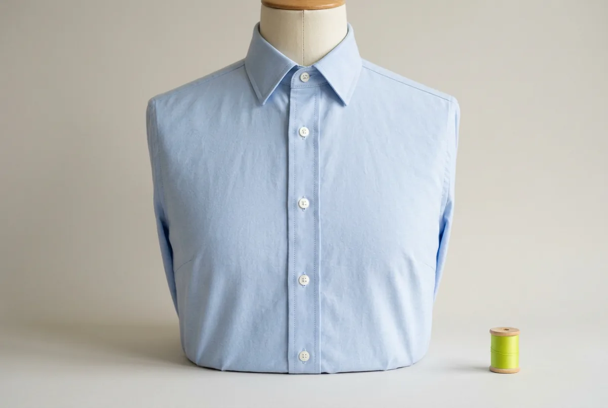 A close-up on a dress form of a light blue button-down shirt's placket, showing that the space between each button lies flat without any puckering or gaping.
