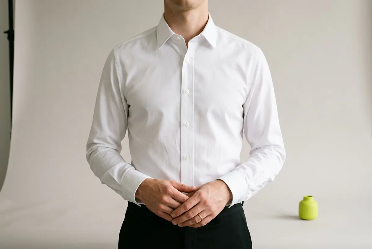 Person photographed from the neck down wearing a crisp, well-fitting white dress shirt. The focus is on the clean lines of the shoulders and the flat placket across the chest.