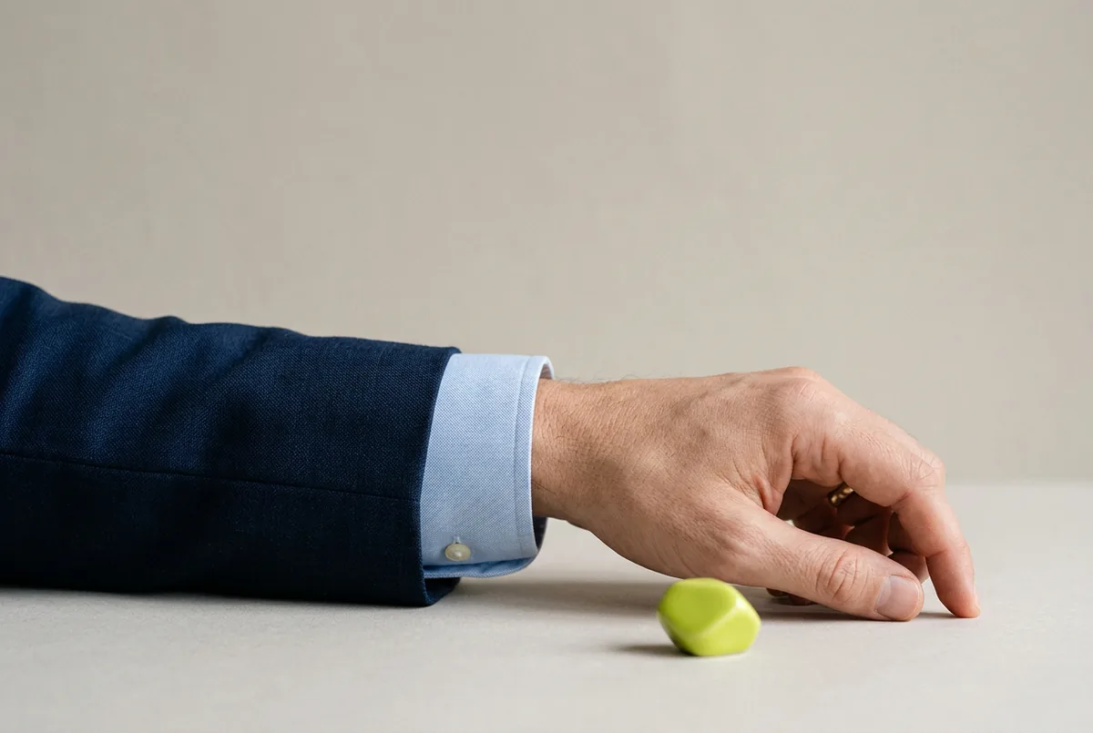 Close-up on the wrist area of a person wearing a navy suit jacket over a light blue dress shirt. A small amount of the shirt cuff is visible beyond the jacket sleeve.
