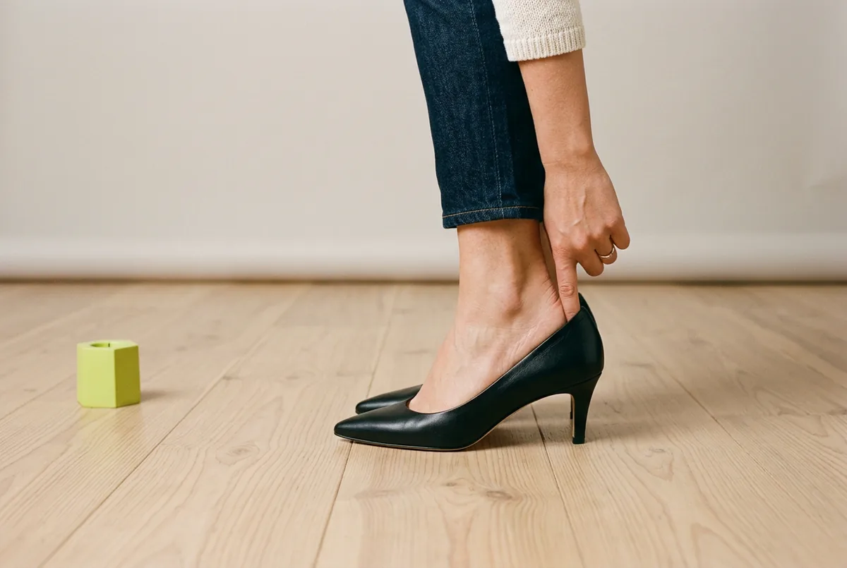 A person's foot in a black leather pump, shown from the side on a light wood floor. The person is standing and has slid their foot forward in the shoe, and is inserting their index finger into the gap