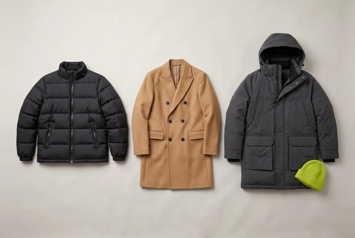 Side-by-side flat lay of three winter coats on a neutral background: a black hip-length puffer jacket, a camel mid-thigh wool coat, and a dark gray knee-length parka.
