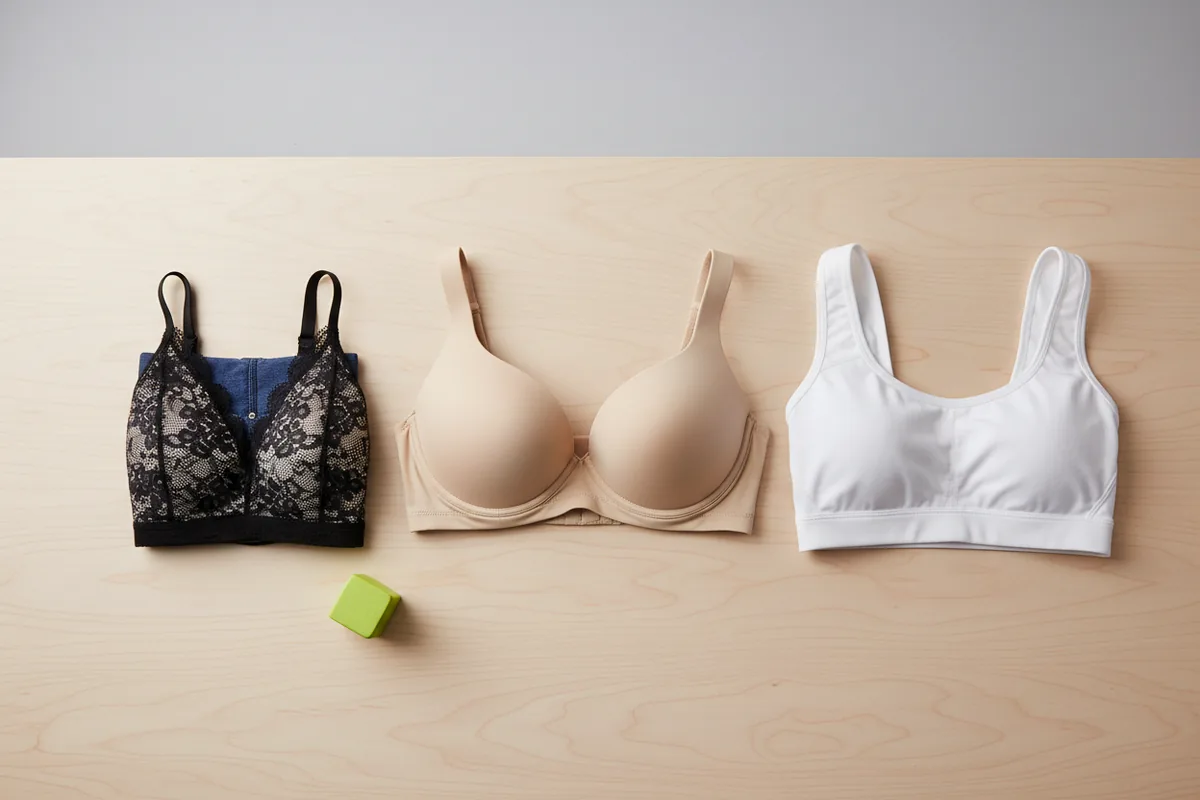 Overhead flat lay of three bras: one beige cotton t-shirt bra, one black lace bralette, and one white sports bra, folded neatly on a light wood surface.