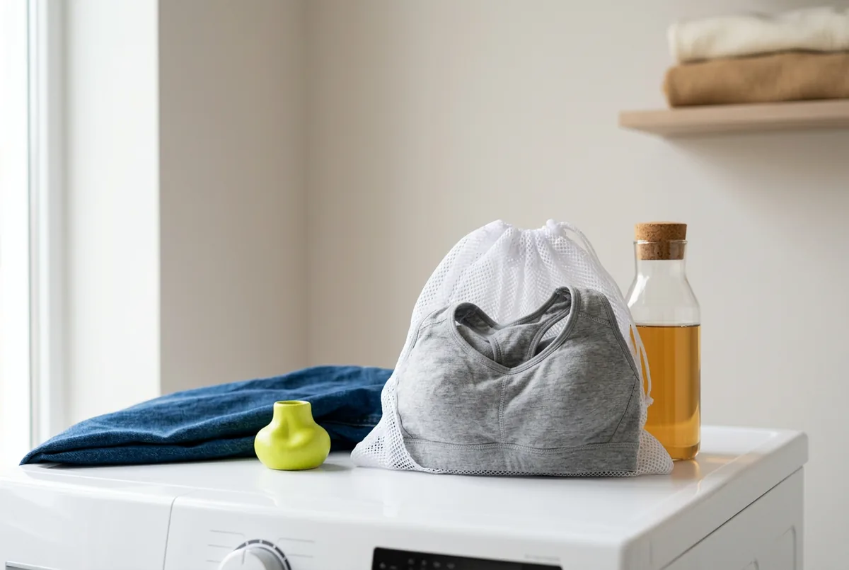 Close-up of a white mesh laundry bag containing a gray sports bra, sitting next to a bottle of liquid detergent on a white washing machine.