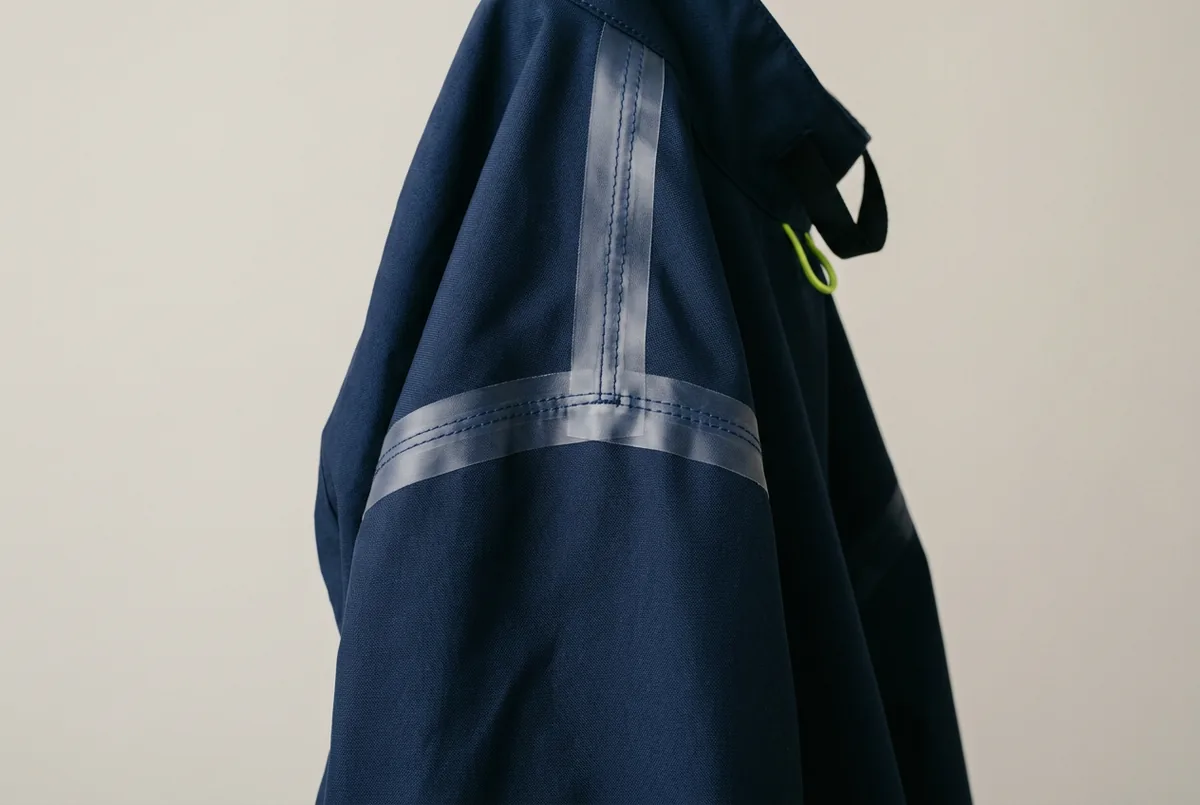 Close-up of the inside of a navy raincoat, showing the waterproof tape sealing the shoulder seam.