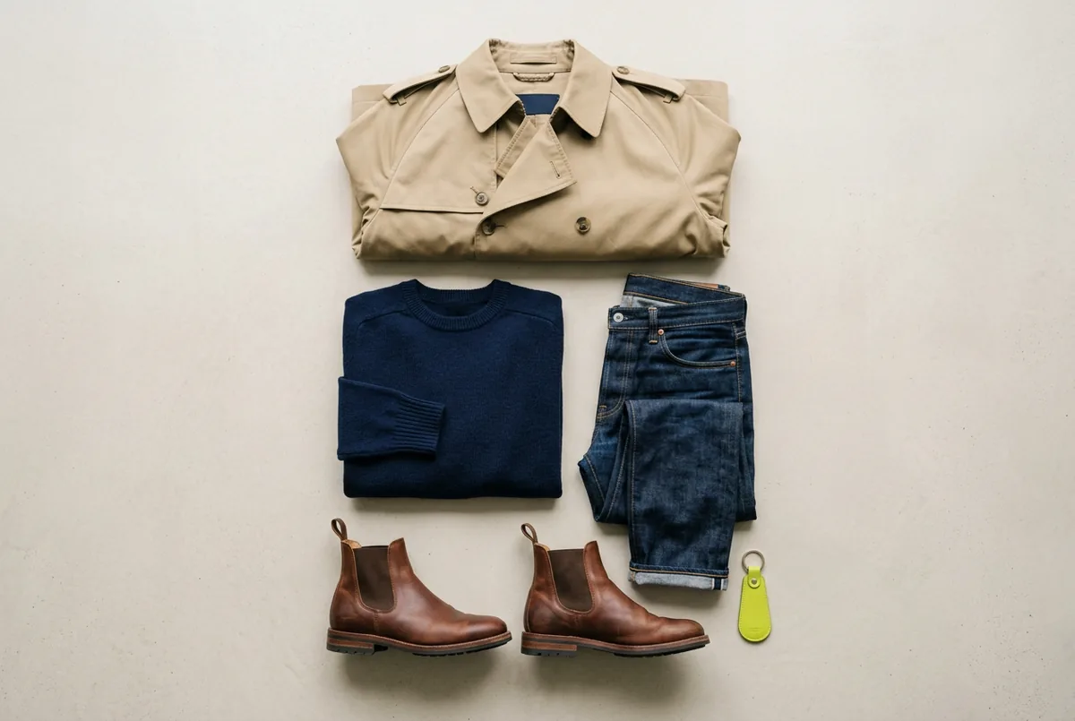 Overhead flat lay of a khaki trench coat, a navy merino sweater, dark-wash jeans, and brown leather boots on a neutral background.