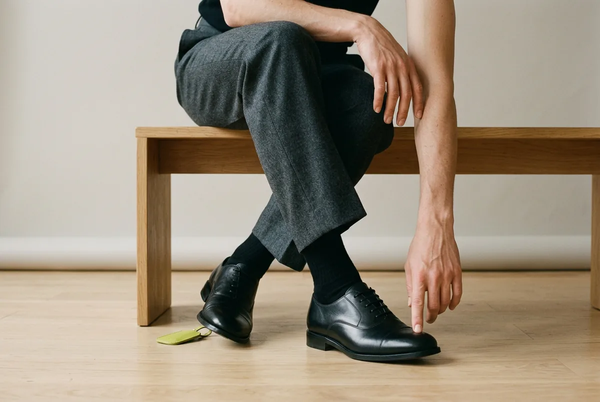 Person photographed from the waist down, sitting on a store bench and wearing charcoal wool trousers and black socks, pressing their thumb on the toe of a black leather oxford shoe