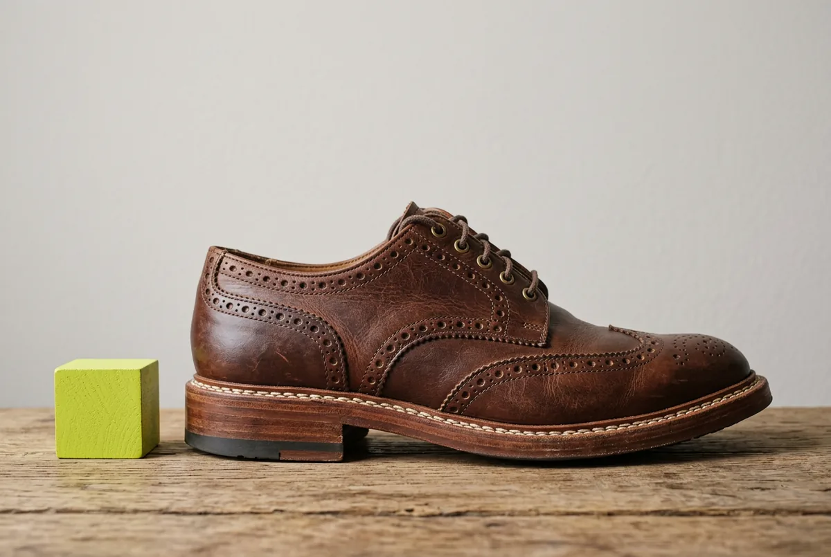 Close-up shot of the side profile of a brown leather brogue resting on a wooden surface, showing the stitching on the welt and the texture of the full-grain leather