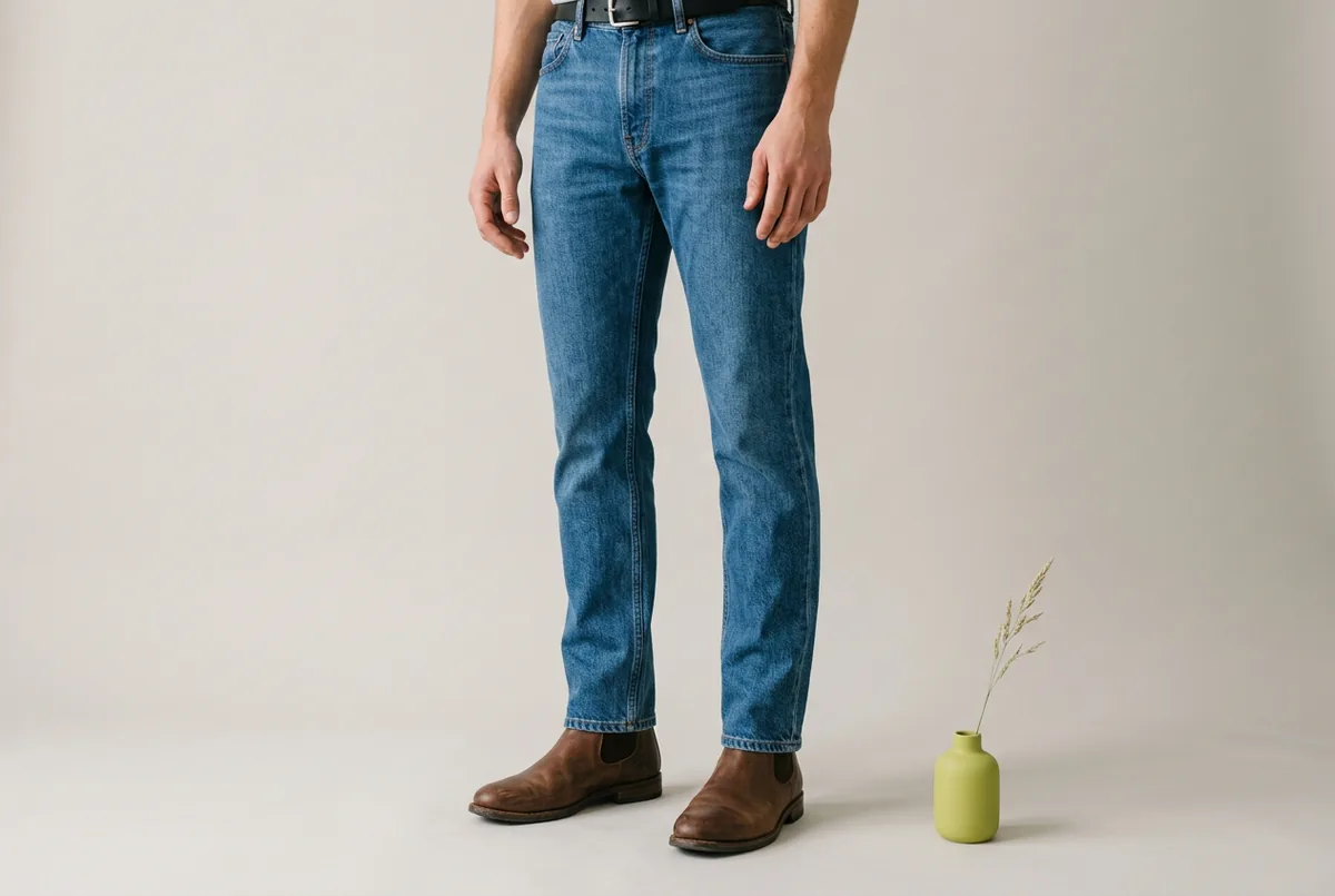 Person photographed from the waist down, standing, wearing well-fitting straight-cut mid-wash jeans and brown leather boots. The jeans have a single, clean break at the ankle.