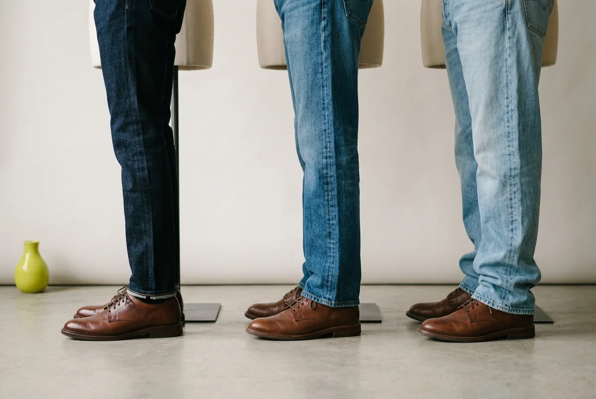 Close-up shot from the side, showing the bottom of three different pairs of jeans on dress forms with identical brown leather derby shoes. One is a slim dark-wash jean with no break, the next is a str