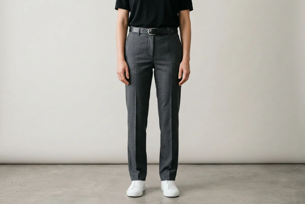 Person photographed from the waist down, wearing well-fitting charcoal gray straight-leg trousers and a simple black leather belt. The pants show no pulling at the hips or pockets.