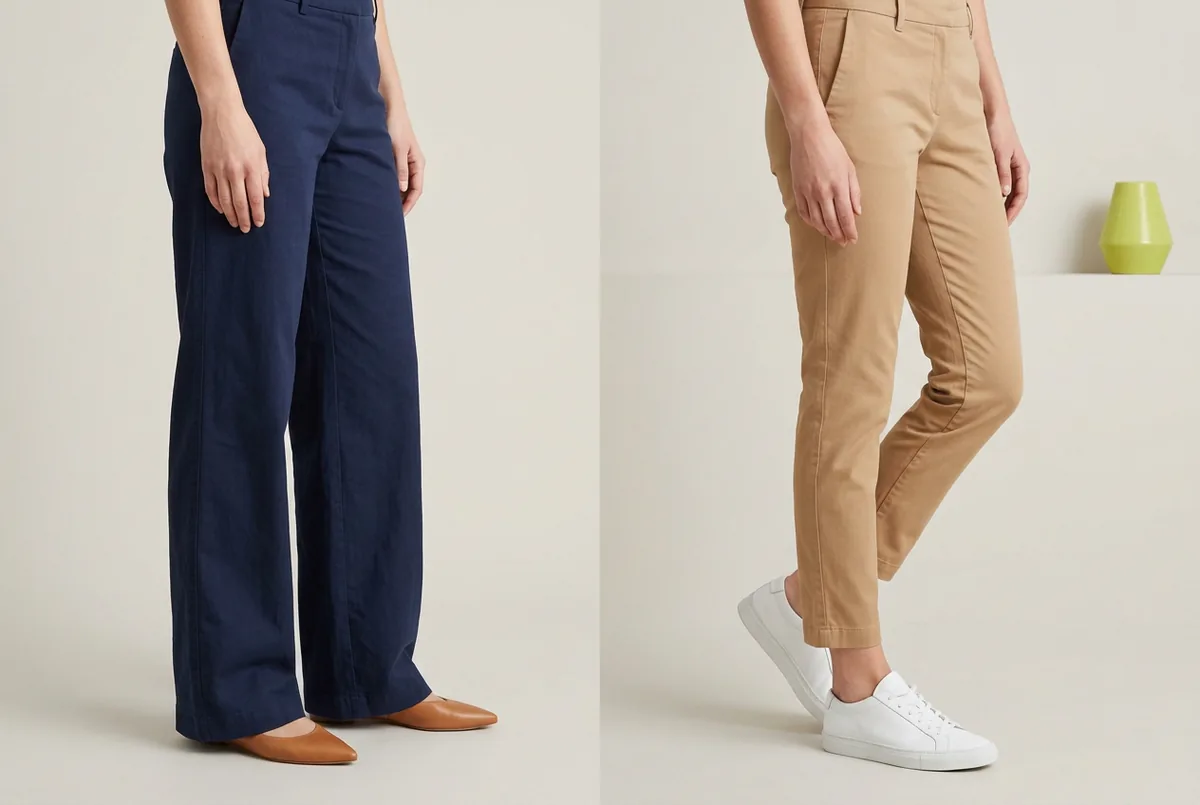 Side-by-side view of pant hems on the same person. On the left, wide-leg navy trousers just brush the top of a pointed-toe flat. On the right, slim-fit beige chinos end just above the ankle bone, show