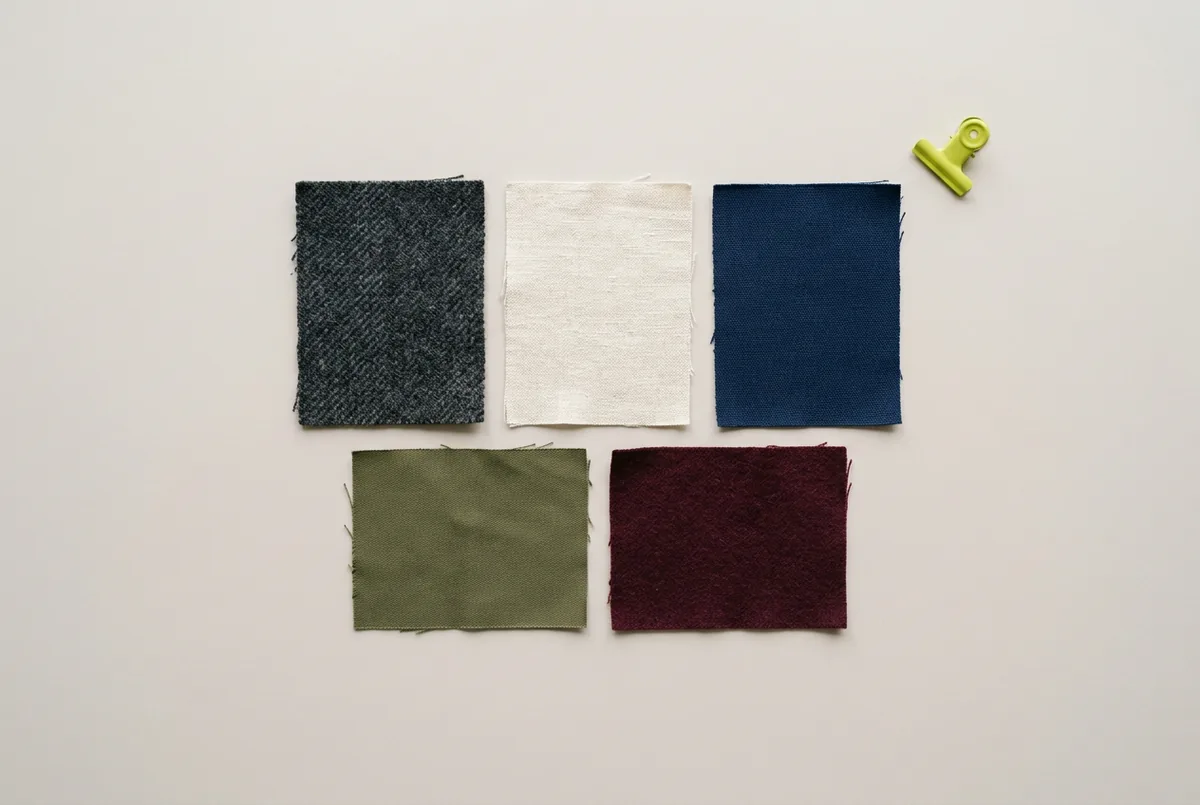 Flat lay of fabric swatches on a neutral background. The swatches show a cohesive color palette: charcoal grey, cream, navy blue, olive green, and a deep burgundy.