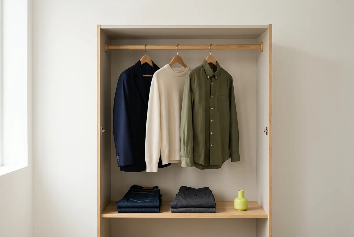 A neatly organized open closet showing a few hanging garments: a navy blazer, a cream sweater, and an olive button-down shirt. Below, folded on a shelf, are dark-wash jeans and charcoal trousers.