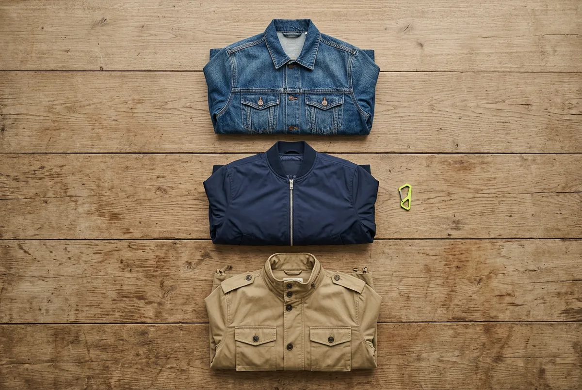 Overhead flat lay of three men's jackets on a neutral wood background: a mid-wash denim jacket, a navy nylon bomber jacket, and a khaki cotton field jacket.