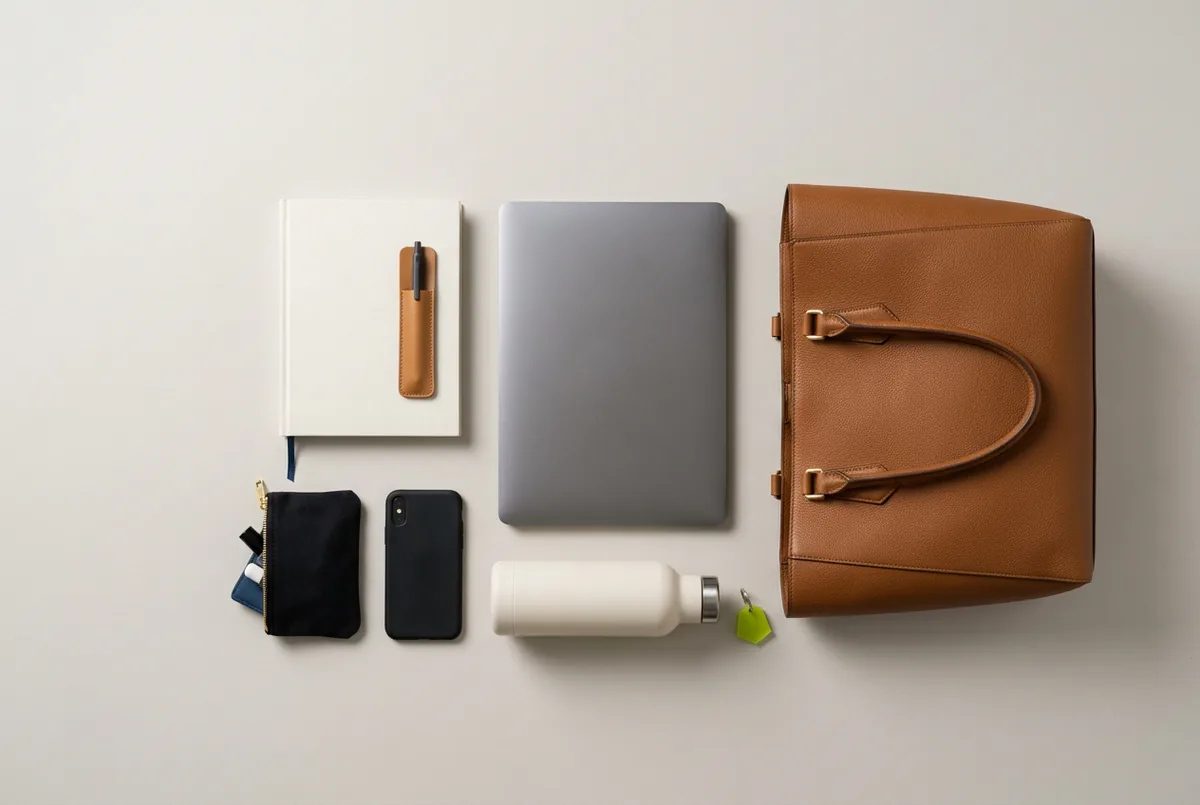 Overhead flat lay of a 14-inch laptop, a notebook, a water bottle, a small pouch, and a phone arranged next to a structured brown leather tote on a neutral background