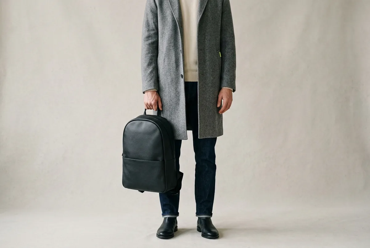 Person photographed from the chest down, wearing a gray wool coat and carrying a black leather backpack by its top handle
