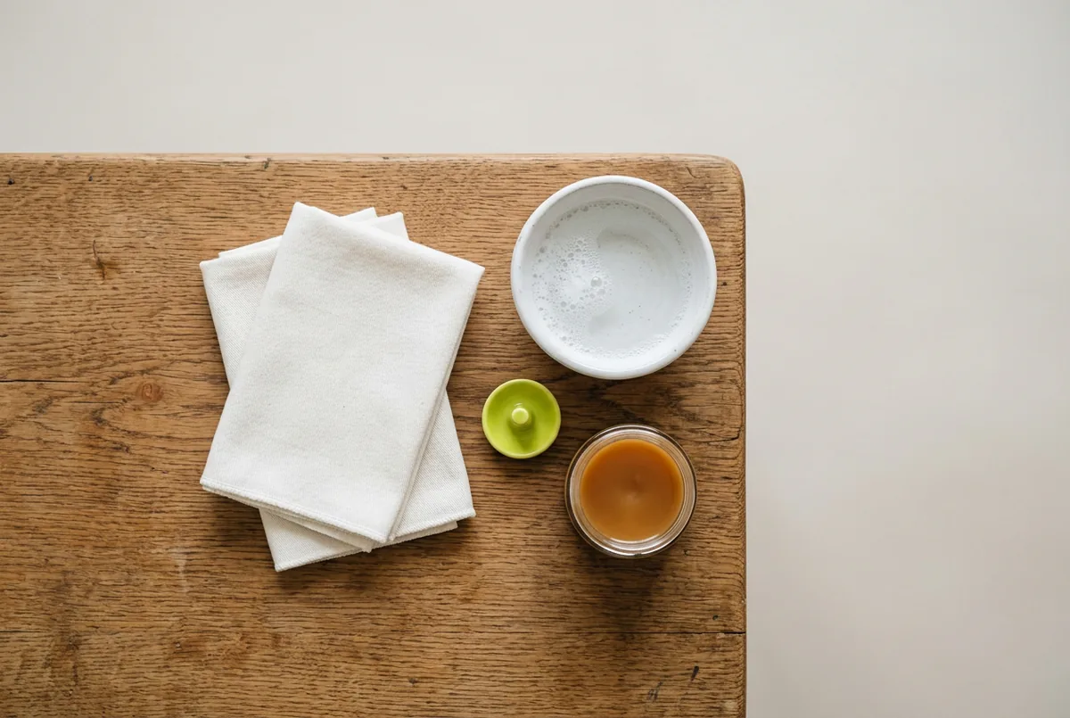 Overhead view of leather cleaning supplies on a wooden table: two soft white cloths, a small white bowl with soapy water, and a jar of leather conditioner