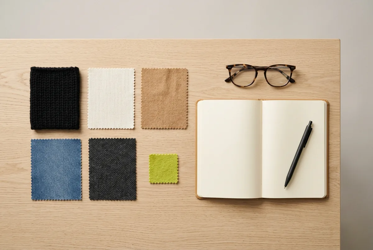 Overhead flat lay of several textured fabric swatches in a cohesive color palette, a pair of glasses, and an open, empty notebook with a pen on a light wood desk.