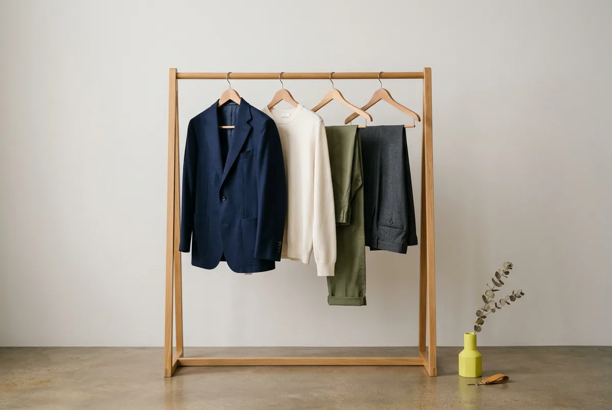 A clean wooden clothes rack holding a navy wool blazer, an ivory merino crewneck sweater, olive cotton chinos, and charcoal wool trousers