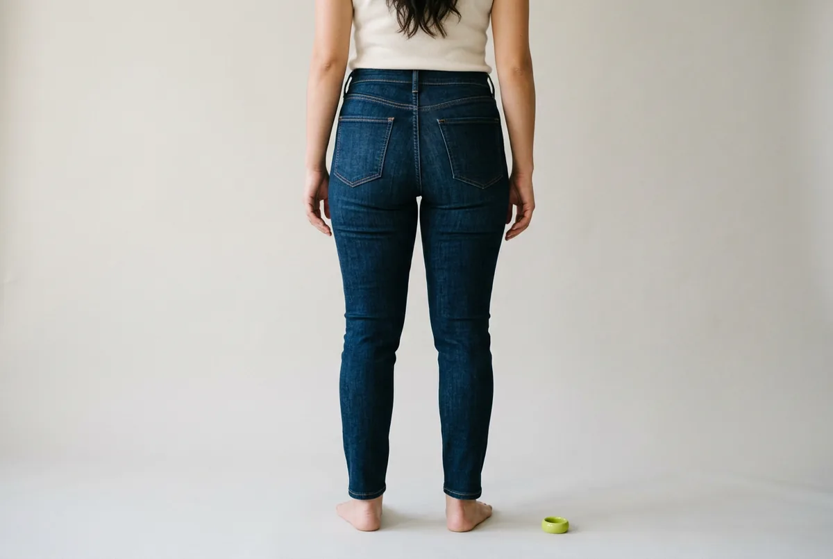 Close-up of the back of a person from the waist down, wearing well-fitting dark-wash curvy-fit jeans. The waistband sits flat against their lower back with no gap.