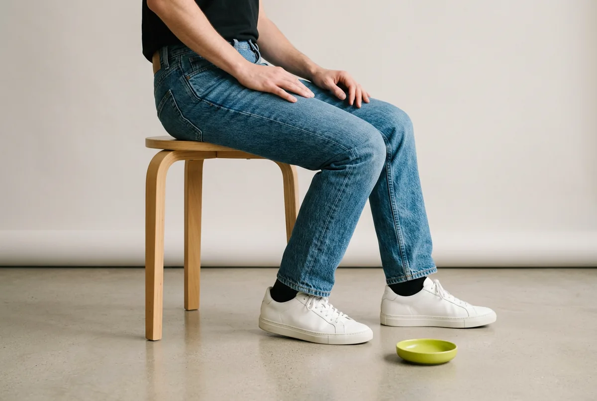 A person in a fitting room, seen from the side and from the waist down, sitting on a stool to test the fit of a medium-wash jeans.