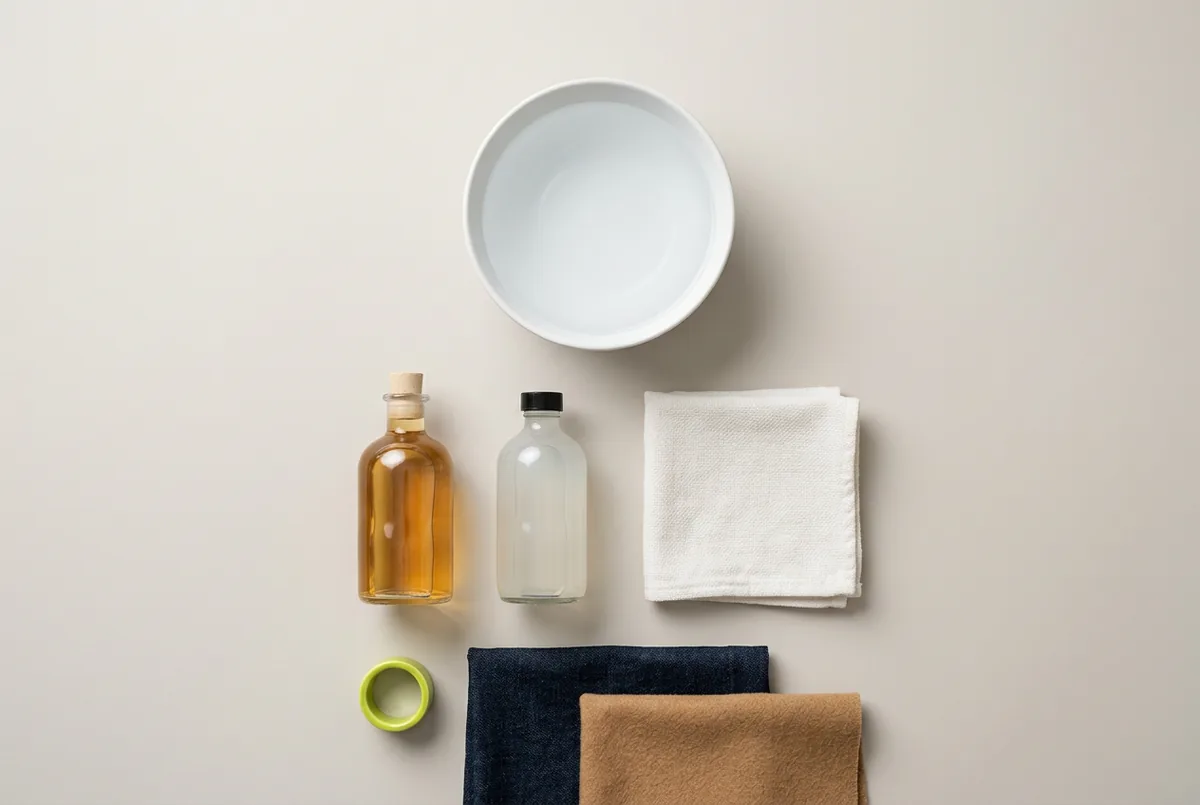 Overhead flat lay of stain removal supplies: a white bowl with cold water, a bottle of hydrogen peroxide, a bottle of enzymatic laundry detergent, and a clean white cotton cloth on a neutral gray back