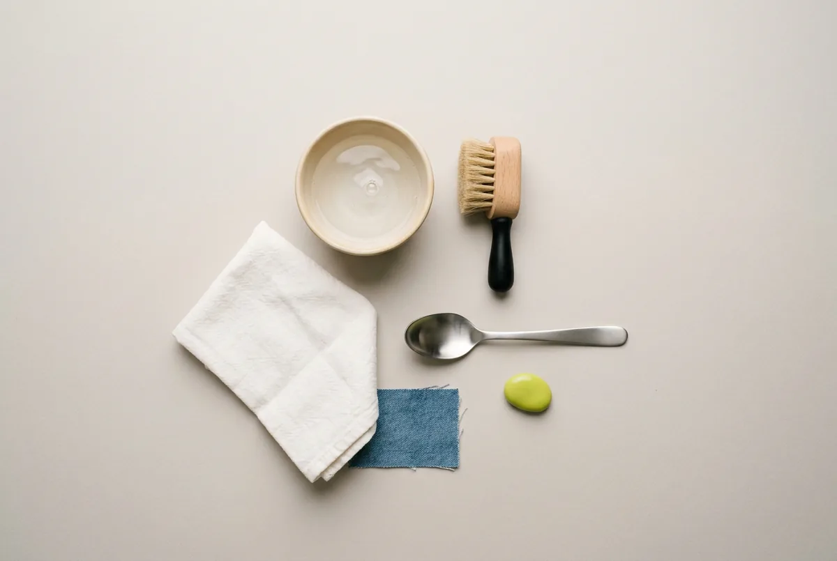 Overhead view of paint removal supplies on a neutral surface: a spoon, a white cloth, a small bowl with liquid laundry detergent, and a soft-bristled brush.
