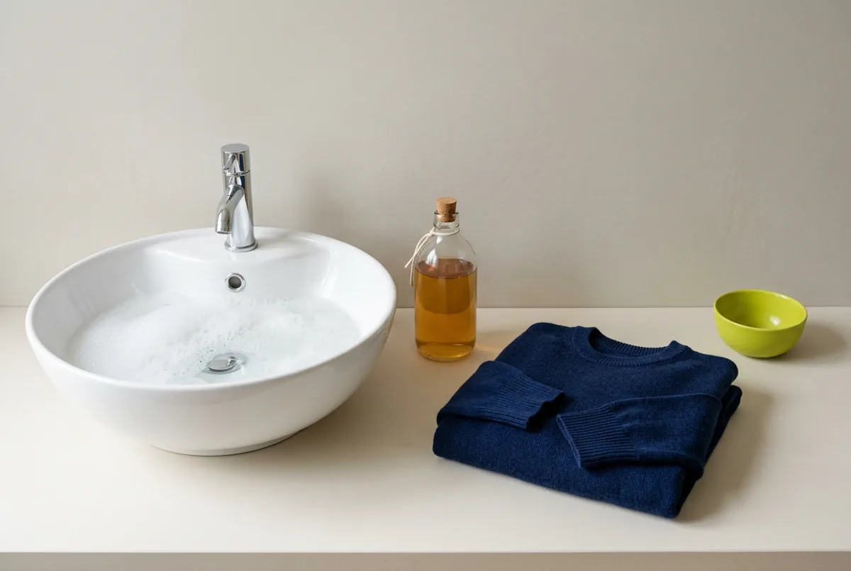 A clean white bathroom sink filled with water and suds. Beside the sink, a bottle of gentle liquid detergent and a neatly folded navy blue merino wool sweater.