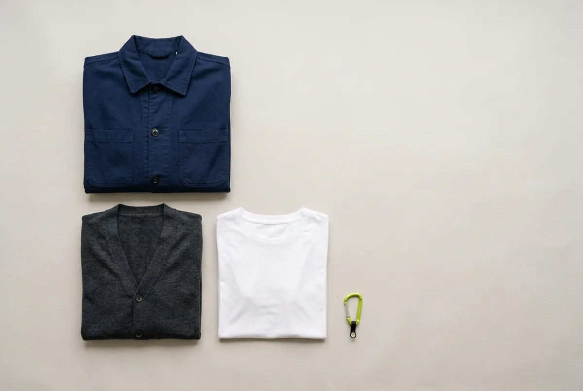 Overhead flat lay of a white cotton t-shirt, a charcoal merino wool cardigan, and a navy chore jacket, arranged on a light gray background.