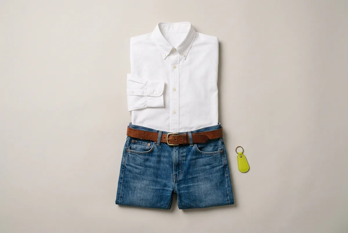 Overhead flat lay of a crisp white button-down shirt, mid-wash straight-leg jeans, and a brown leather belt on a neutral background