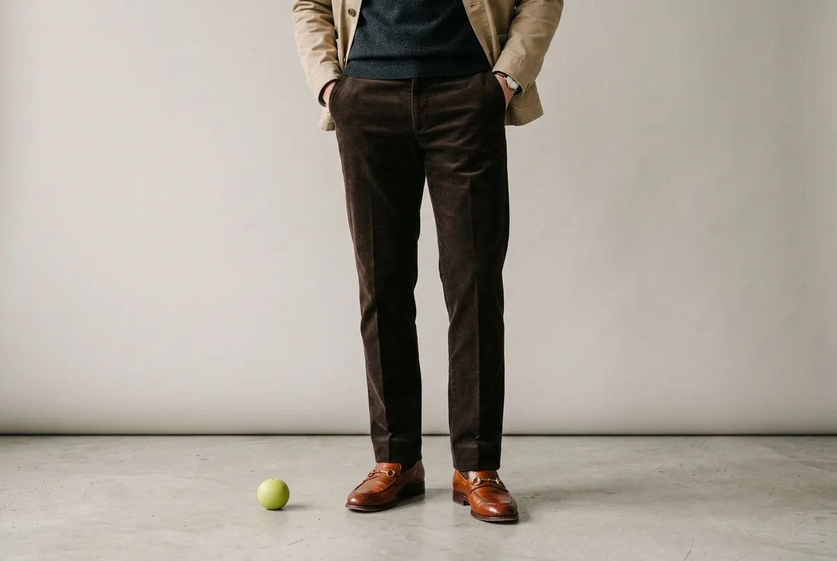 Person photographed from the waist down, wearing straight-leg, dark brown corduroy pants and polished cognac leather loafers, standing on a light gray floor.