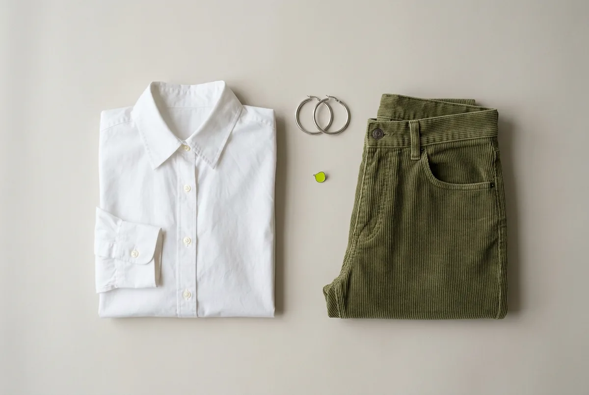 Overhead flat lay on a neutral cream background showing the top half of a pair of olive green straight-leg corduroy pants, a classic white cotton button-down shirt, and a pair of simple silver hoop ea