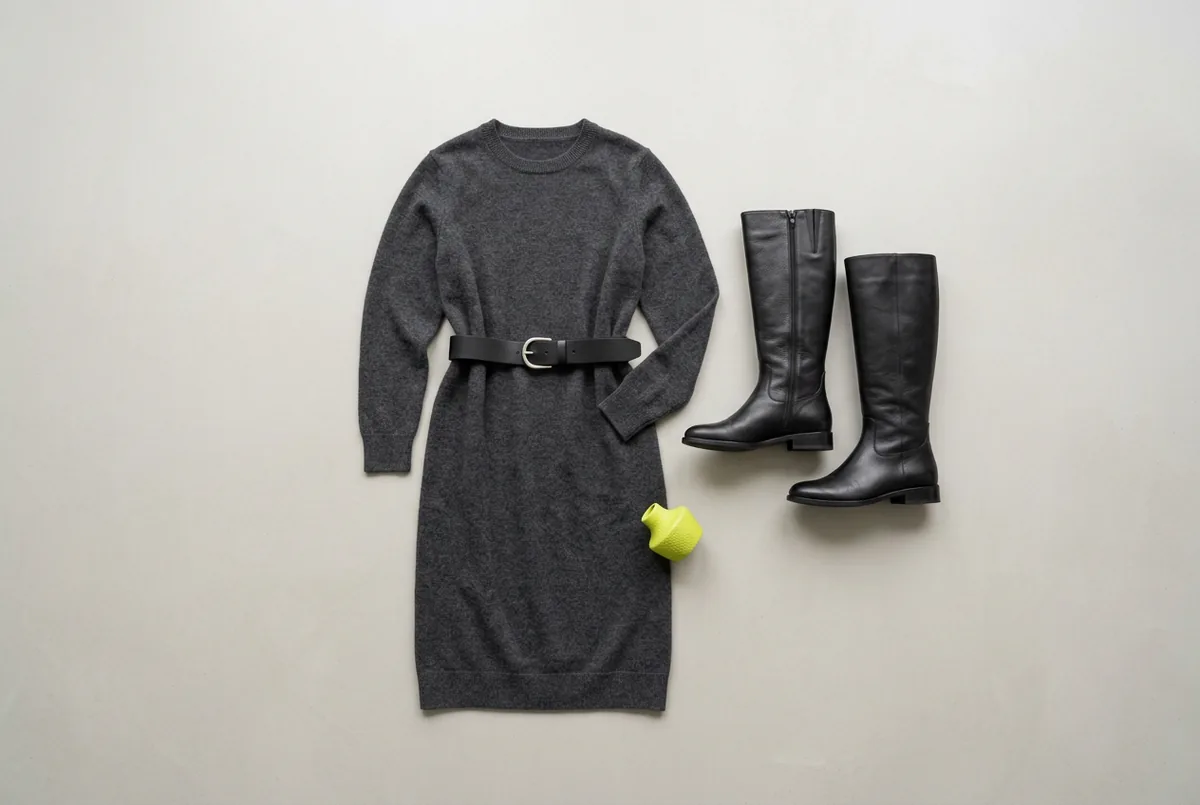 Overhead flat lay of a charcoal gray merino wool sweater dress, a black leather belt, and black leather knee-high boots on a light gray background