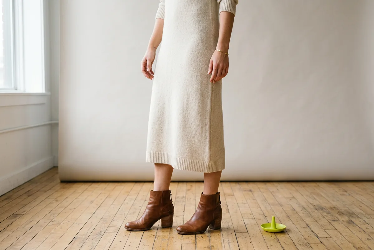 Person photographed from the waist down, wearing a cream-colored knit midi dress and brown leather ankle boots, standing on a wooden floor