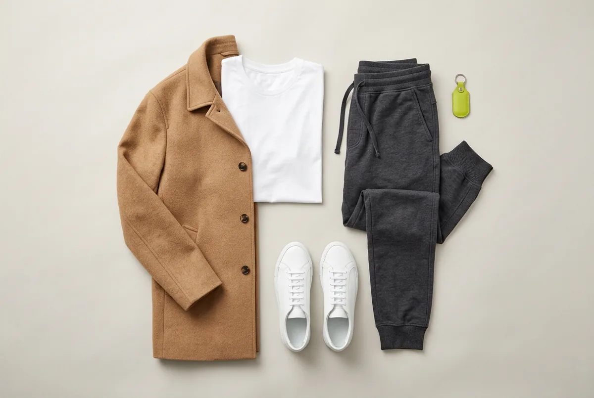 Overhead flat lay of charcoal gray jogger-style sweatpants, a classic white crewneck t-shirt, a camel-colored wool coat, and clean white leather sneakers on a neutral background.