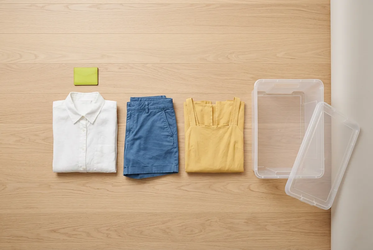Overhead flat lay of neatly folded summer clothes, including a white linen shirt, blue cotton shorts, and a yellow sundress, next to an open, clear plastic storage bin on a light wood floor.