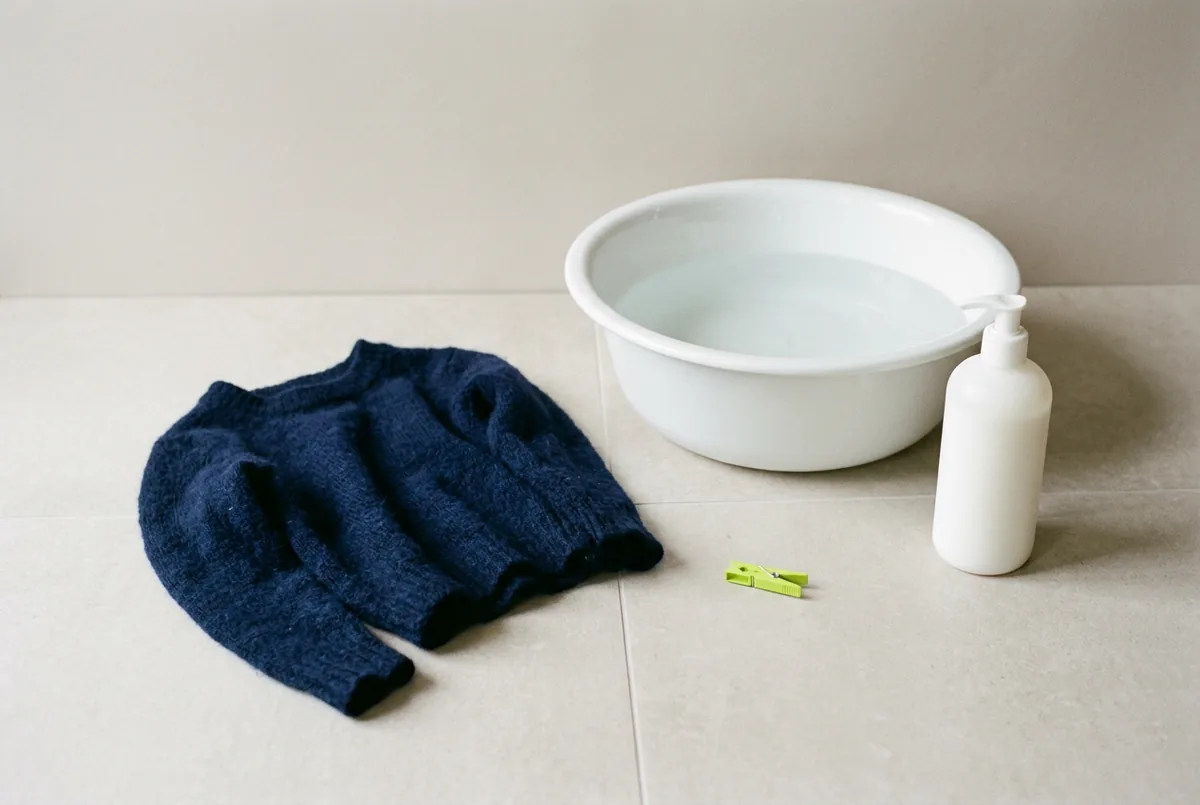 A shrunken navy wool sweater next to a white basin filled with water. A simple white bottle of hair conditioner sits beside the basin on a tiled surface.