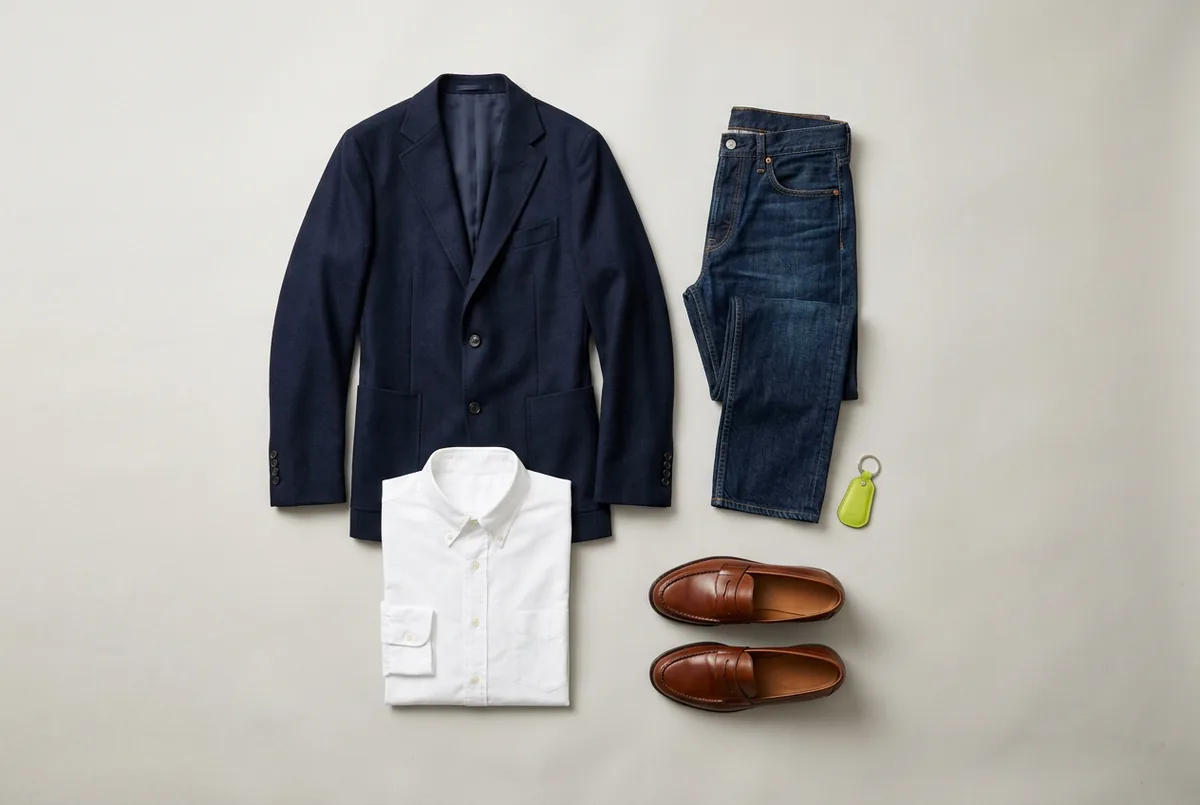 Overhead flat lay of a navy wool blazer, dark-wash straight-leg jeans, a white button-down shirt, and brown leather loafers on a light grey background