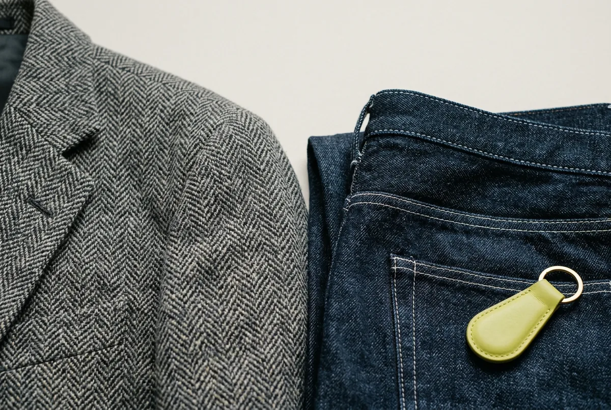 Close-up shot showing the textured fabric of a grey herringbone tweed blazer next to the dark indigo twill of a pair of jeans
