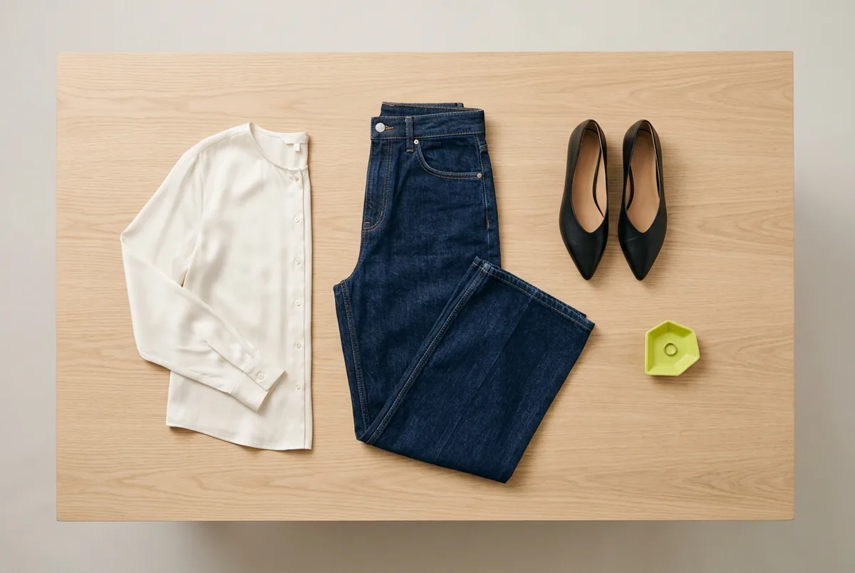 Overhead flat lay of dark-wash wide-leg jeans, black pointed-toe leather flats, and an ivory silk-blend blouse on a light wood background