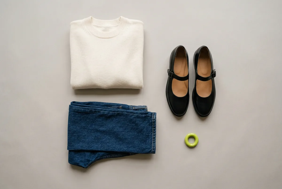 Overhead flat lay of black leather Mary Jane flats, straight-leg dark-wash jeans, and an ivory cashmere crewneck sweater on a light gray background.